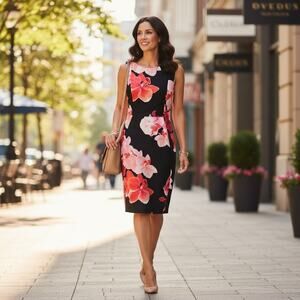 Calvin Klein Womens Black Pink Floral Sheath Dress Women's Size 10 Pencil Dress